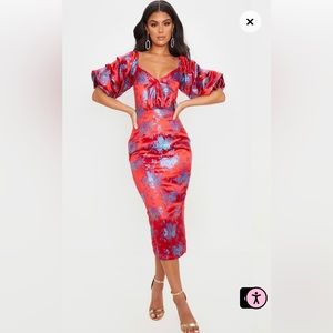 Red Floral Jacquard Lace Up Back Midi Dress PLT